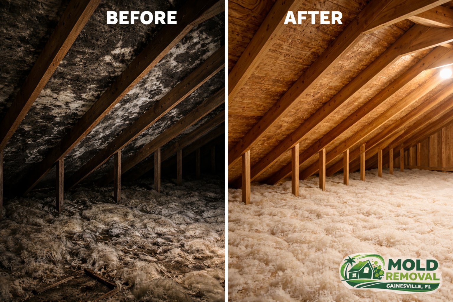 Attic mold remediation before and after Gainesville FL