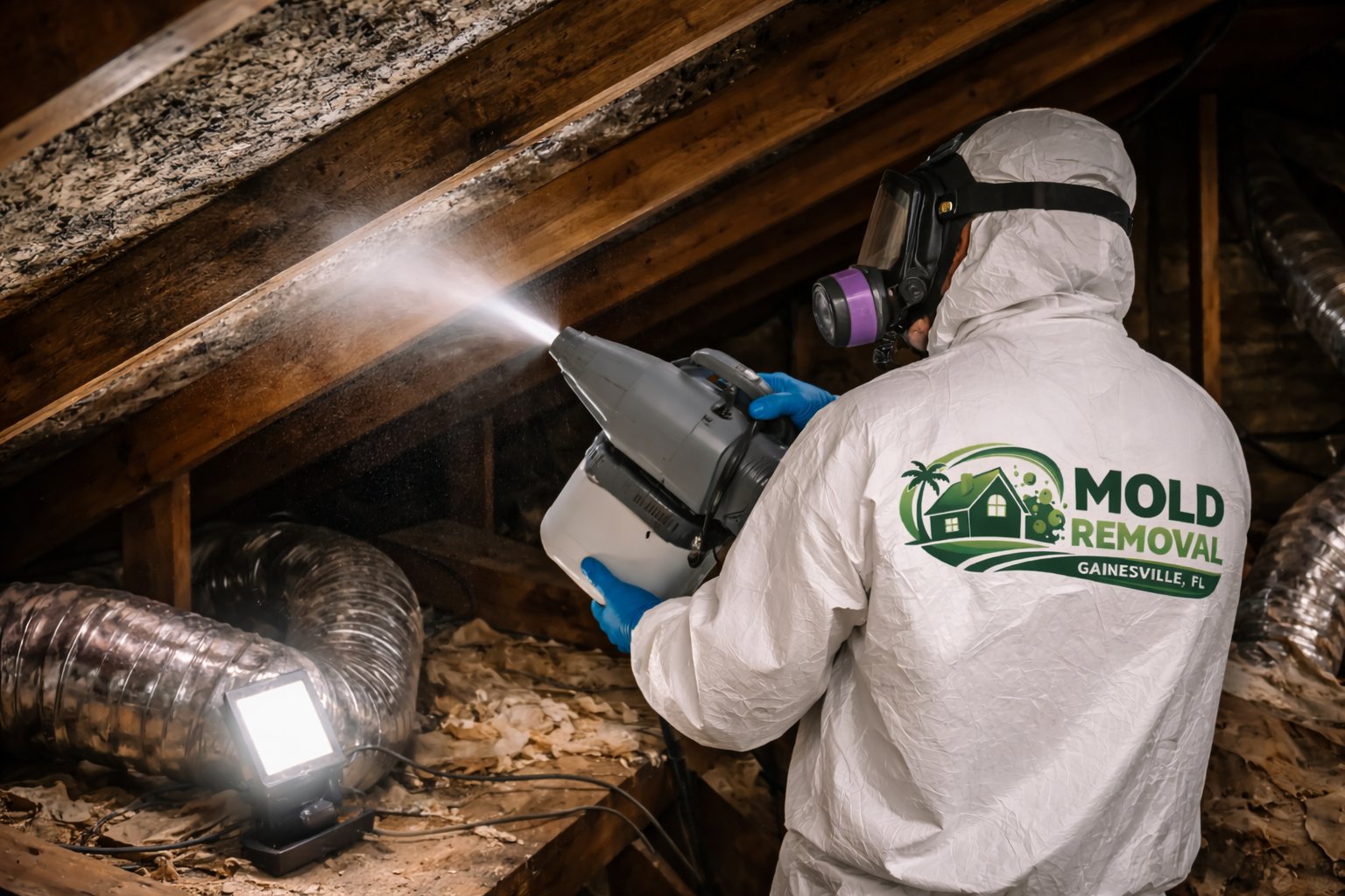MRGNV mold removal Gainesville FL technician applying antimicrobial treatment in attic