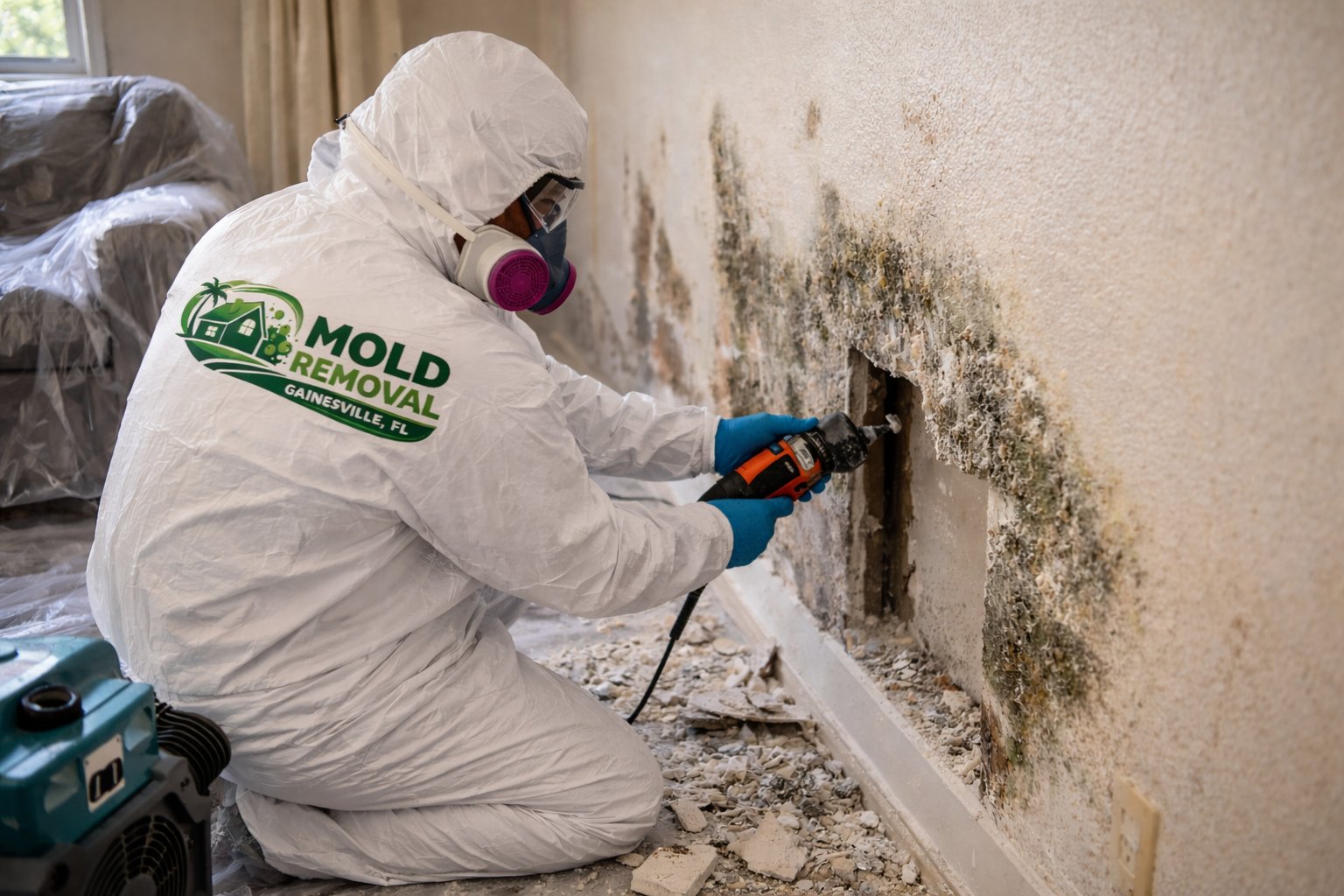 MRGNV mold removal technician working in Gainesville FL living room