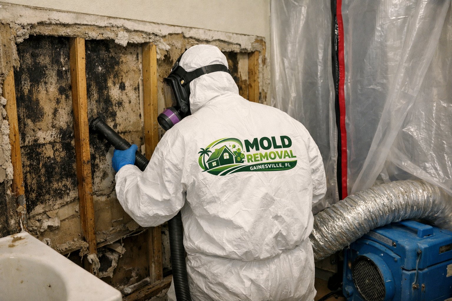 MRGNV mold remediation technician Gainesville FL performing HEPA vacuuming and containment